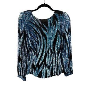 Vintage 80s Oleg Cassini Beaded Sequin Silk Top S Teal Blue Evening Glam Party
